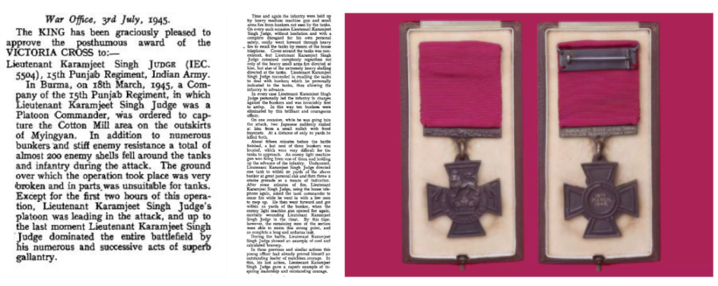 “Victoria Cross awarded to Lt Karamjeet Singh Judge for bravery in Burma”